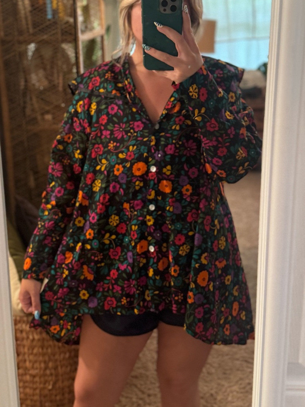 Vintage Floral Button-Front Ruffled Top - Black with Multicolor Floral